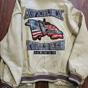 Vintage Tuskegee Airmen Avirex Beige A-2 Leather Bomber Jacket